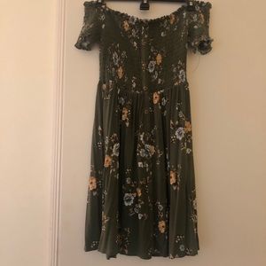 Green and floral strapless summer dress